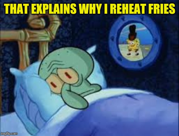 Squidward can't sleep with the spoons rattling | THAT EXPLAINS WHY I REHEAT FRIES | image tagged in squidward can't sleep with the spoons rattling | made w/ Imgflip meme maker