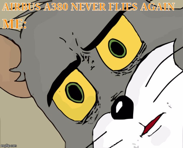 Unsettled Tom Meme | AIRBUS A380 NEVER FLIES AGAIN; ME: | image tagged in memes,unsettled tom | made w/ Imgflip meme maker