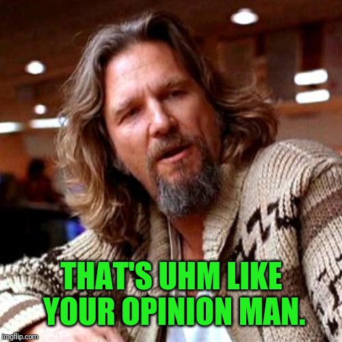 Confused Lebowski Meme | THAT'S UHM LIKE YOUR OPINION MAN. | image tagged in memes,confused lebowski | made w/ Imgflip meme maker