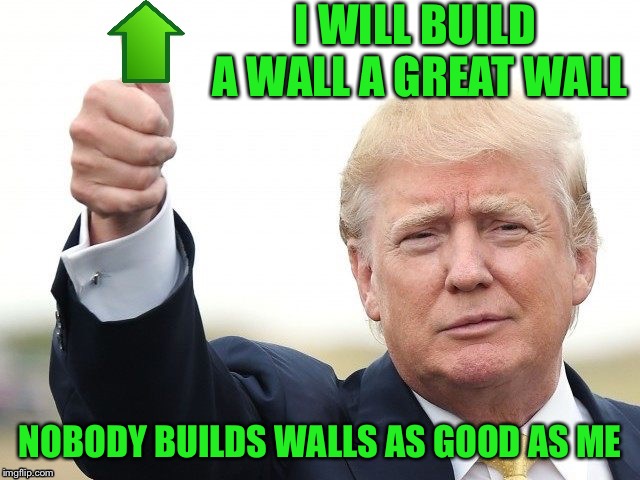 Trump Upvote | I WILL BUILD A WALL A GREAT WALL NOBODY BUILDS WALLS AS GOOD AS ME | image tagged in trump upvote | made w/ Imgflip meme maker