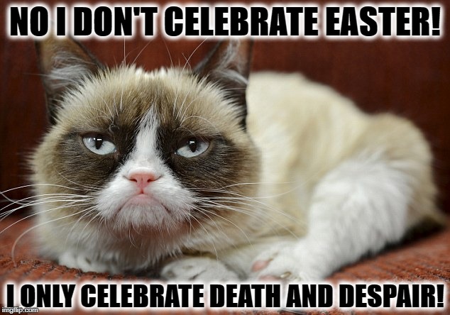 I DON'T CELEBRATE | NO I DON'T CELEBRATE EASTER! I ONLY CELEBRATE DEATH AND DESPAIR! | image tagged in i don't celebrate | made w/ Imgflip meme maker