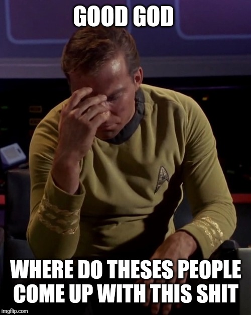 Kirk face palm | GOOD GOD WHERE DO THESES PEOPLE COME UP WITH THIS SHIT | image tagged in kirk face palm | made w/ Imgflip meme maker