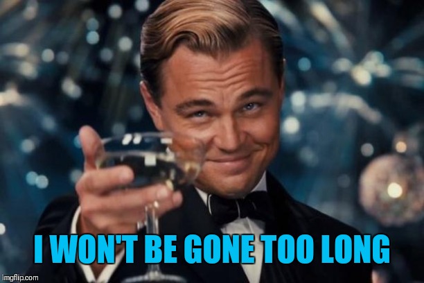 Leonardo Dicaprio Cheers Meme | I WON'T BE GONE TOO LONG | image tagged in memes,leonardo dicaprio cheers | made w/ Imgflip meme maker