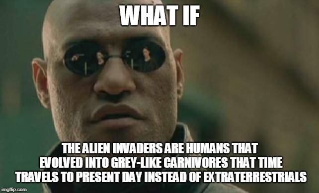 Matrix Morpheus | WHAT IF; THE ALIEN INVADERS ARE HUMANS THAT EVOLVED INTO GREY-LIKE CARNIVORES THAT TIME TRAVELS TO PRESENT DAY INSTEAD OF EXTRATERRESTRIALS | image tagged in memes,matrix morpheus | made w/ Imgflip meme maker