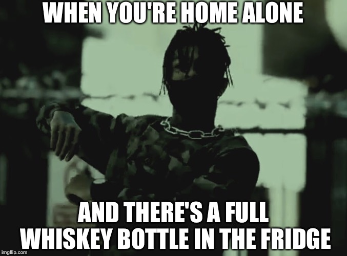 Idc if this awesome Scarlxrd picture doesn't look like a meme, the picture is sick and it kinda matches what the meme is saying | WHEN YOU'RE HOME ALONE; AND THERE'S A FULL WHISKEY BOTTLE IN THE FRIDGE | image tagged in oh yeah,memes | made w/ Imgflip meme maker