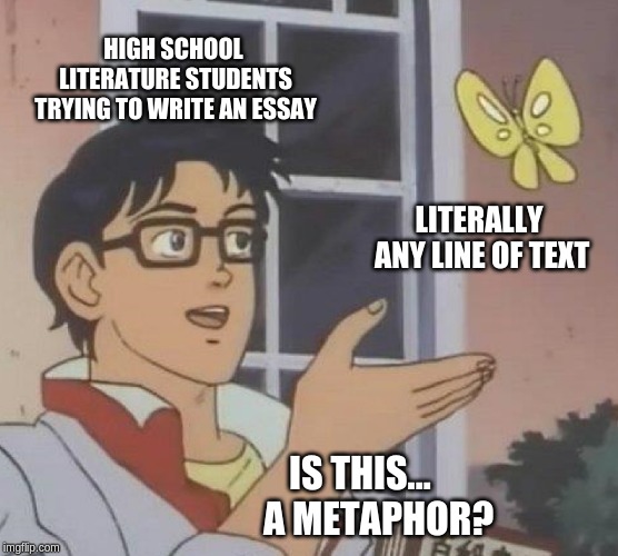 Is This A Pigeon | HIGH SCHOOL LITERATURE STUDENTS TRYING TO WRITE AN ESSAY; LITERALLY ANY LINE OF TEXT; IS THIS...                   A METAPHOR? | image tagged in memes,is this a pigeon,memes | made w/ Imgflip meme maker