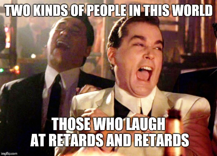 Good Fellas Hilarious Meme | TWO KINDS OF PEOPLE IN THIS WORLD; THOSE WHO LAUGH AT RETARDS AND RETARDS | image tagged in memes,good fellas hilarious | made w/ Imgflip meme maker