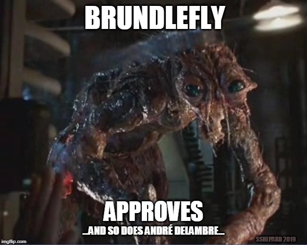 BrundleFly Approves | BRUNDLEFLY; APPROVES; ...AND SO DOES ANDRÉ DELAMBRE... SSHEPARD 2019 | image tagged in memes,the fly,seth brundle | made w/ Imgflip meme maker