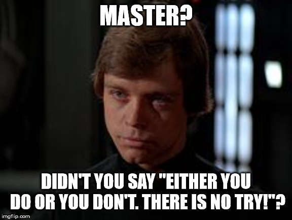 Luke Skywalker | MASTER? DIDN'T YOU SAY "EITHER YOU DO OR YOU DON'T. THERE IS NO TRY!"? | image tagged in luke skywalker | made w/ Imgflip meme maker