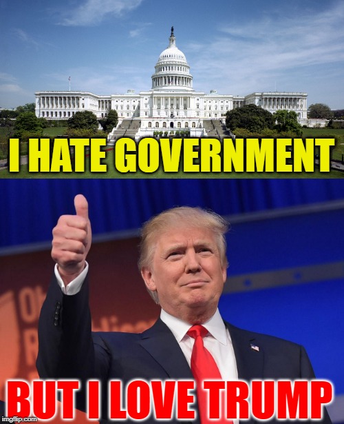 Trumping Government | I HATE GOVERNMENT; BUT I LOVE TRUMP | image tagged in donald trump,us government,thumbs up,anti-government,donald trump memes,donald trump approves | made w/ Imgflip meme maker