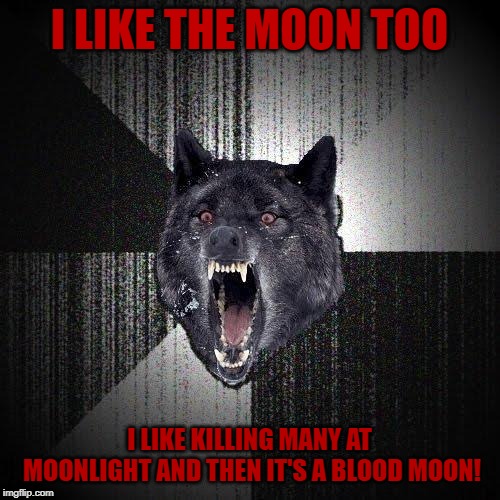 Insanity Wolf Meme | I LIKE THE MOON TOO I LIKE KILLING MANY AT MOONLIGHT AND THEN IT'S A BLOOD MOON! | image tagged in memes,insanity wolf | made w/ Imgflip meme maker