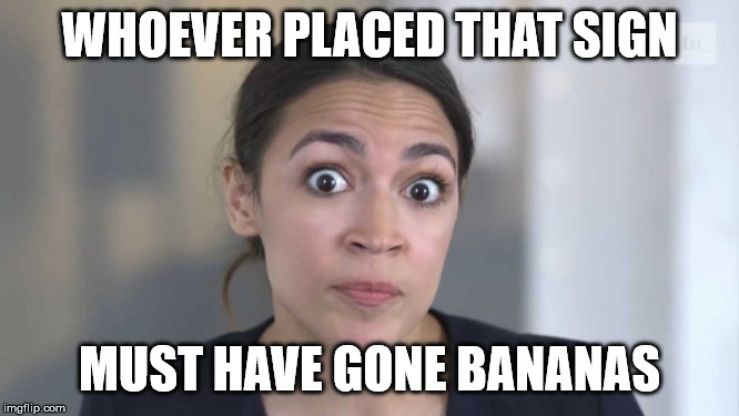 Crazy Alexandria Ocasio-Cortez | WHOEVER PLACED THAT SIGN MUST HAVE GONE BANANAS | image tagged in crazy alexandria ocasio-cortez | made w/ Imgflip meme maker