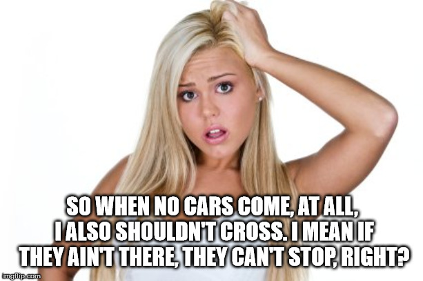 Dumb Blonde | SO WHEN NO CARS COME, AT ALL, I ALSO SHOULDN'T CROSS. I MEAN IF THEY AIN'T THERE, THEY CAN'T STOP, RIGHT? | image tagged in dumb blonde | made w/ Imgflip meme maker