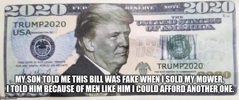 Trump 2020 bill | MY SON TOLD ME THIS BILL WAS FAKE WHEN I SOLD MY MOWER, I TOLD HIM BECAUSE OF MEN LIKE HIM I COULD AFFORD ANOTHER ONE. | image tagged in trump 2020 bill,maga,legal tender,money in my pocket | made w/ Imgflip meme maker