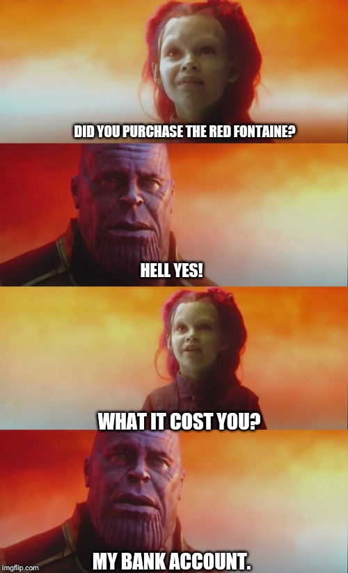 infinity war | DID YOU PURCHASE THE RED FONTAINE? HELL YES! WHAT IT COST YOU? MY BANK ACCOUNT. | image tagged in infinity war | made w/ Imgflip meme maker