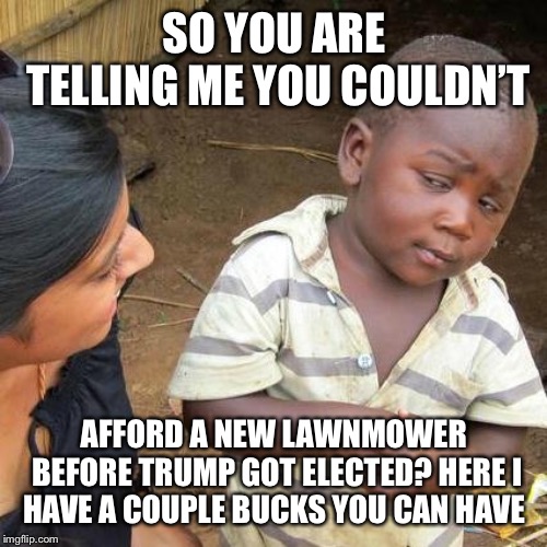 Third World Skeptical Kid Meme | SO YOU ARE TELLING ME YOU COULDN’T AFFORD A NEW LAWNMOWER BEFORE TRUMP GOT ELECTED? HERE I HAVE A COUPLE BUCKS YOU CAN HAVE | image tagged in memes,third world skeptical kid | made w/ Imgflip meme maker