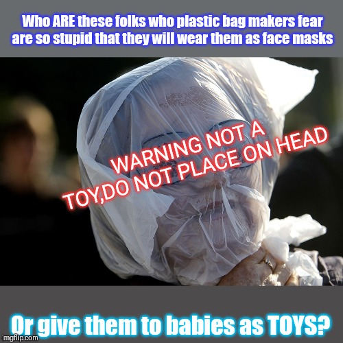 Plastic Bag Challenge | Who ARE these folks who plastic bag makers fear are so stupid that they will wear them as face masks; WARNING NOT A TOY,DO NOT PLACE ON HEAD; Or give them to babies as TOYS? | image tagged in plastic bag challenge | made w/ Imgflip meme maker