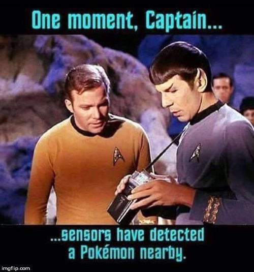 Spock and Kirk looking for pokemon | image tagged in pokemon,captain kirk,mr spock,star trek | made w/ Imgflip meme maker