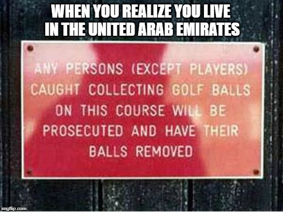 I'll make sure that I don't go to this golf course! | WHEN YOU REALIZE YOU LIVE IN THE UNITED ARAB EMIRATES | image tagged in balls,golf,shoplifting | made w/ Imgflip meme maker