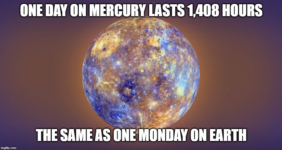 Mercury 1600 | ONE DAY ON MERCURY LASTS 1,408 HOURS; THE SAME AS ONE MONDAY ON EARTH | image tagged in mercury 1600 | made w/ Imgflip meme maker