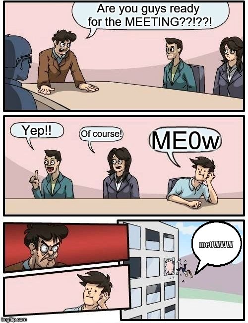 Boardroom Meeting Suggestion Meme |  Are you guys ready for the MEETING??!??! Yep!! Of course! ME0w; meOWWW | image tagged in memes,boardroom meeting suggestion | made w/ Imgflip meme maker