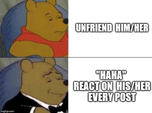 Tuxedo Winnie The Pooh Meme | UNFRIEND  HIM/HER; "HAHA" REACT ON 
HIS/HER EVERY POST | image tagged in tuxedo winnie the pooh | made w/ Imgflip meme maker