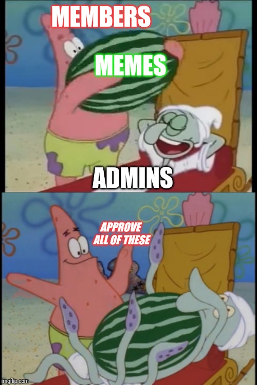 MEMBERS; MEMES; ADMINS; APPROVE ALL OF THESE | image tagged in patrick spongebob watermelon | made w/ Imgflip meme maker