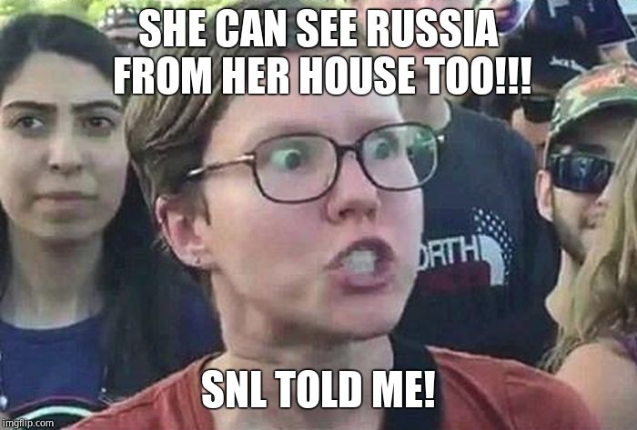 Triggered Liberal | SHE CAN SEE RUSSIA FROM HER HOUSE TOO!!! SNL TOLD ME! | image tagged in triggered liberal | made w/ Imgflip meme maker