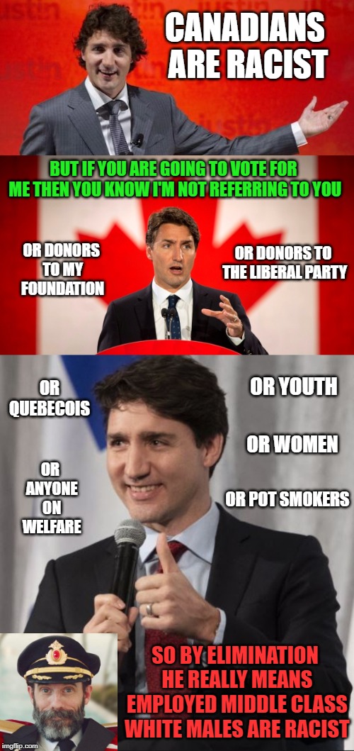 The non racist, racist | CANADIANS ARE RACIST; BUT IF YOU ARE GOING TO VOTE FOR ME THEN YOU KNOW I'M NOT REFERRING TO YOU; OR DONORS TO MY FOUNDATION; OR DONORS TO THE LIBERAL PARTY; OR QUEBECOIS; OR YOUTH; OR WOMEN; OR ANYONE ON WELFARE; OR POT SMOKERS; SO BY ELIMINATION HE REALLY MEANS EMPLOYED MIDDLE CLASS WHITE MALES ARE RACIST | image tagged in justin trudeau,trudeau,the racism doesn't exist racist,racist,liberal hypocrisy,liberal logic | made w/ Imgflip meme maker