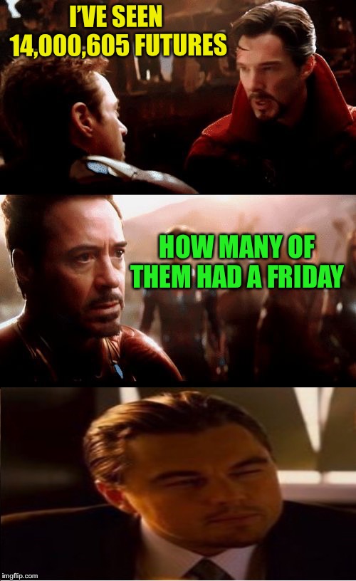 dr strange futures | I’VE SEEN 14,000,605 FUTURES HOW MANY OF THEM HAD A FRIDAY | image tagged in dr strange futures | made w/ Imgflip meme maker