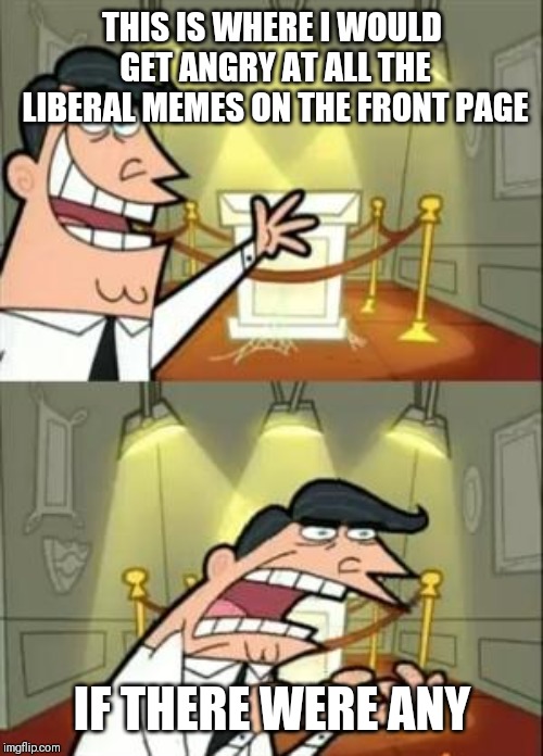 This Is Where I'd Put My Trophy If I Had One Meme | THIS IS WHERE I WOULD GET ANGRY AT ALL THE LIBERAL MEMES ON THE FRONT PAGE IF THERE WERE ANY | image tagged in memes,this is where i'd put my trophy if i had one | made w/ Imgflip meme maker