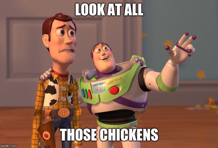 X, X Everywhere Meme | LOOK AT ALL; THOSE CHICKENS | image tagged in memes,x x everywhere | made w/ Imgflip meme maker