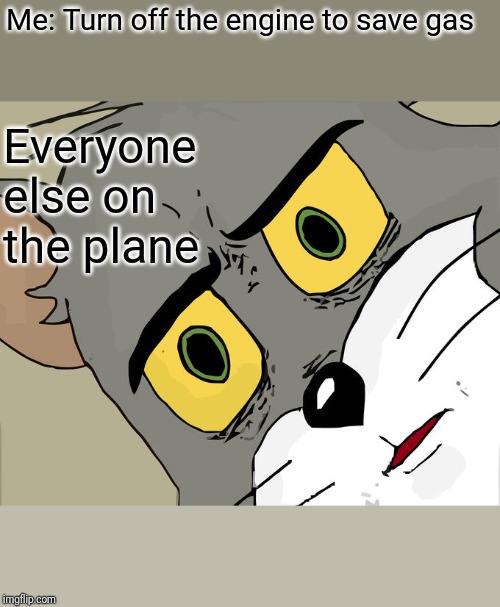 Unsettled Tom Meme | Me: Turn off the engine to save gas; Everyone else on the plane | image tagged in memes,unsettled tom | made w/ Imgflip meme maker
