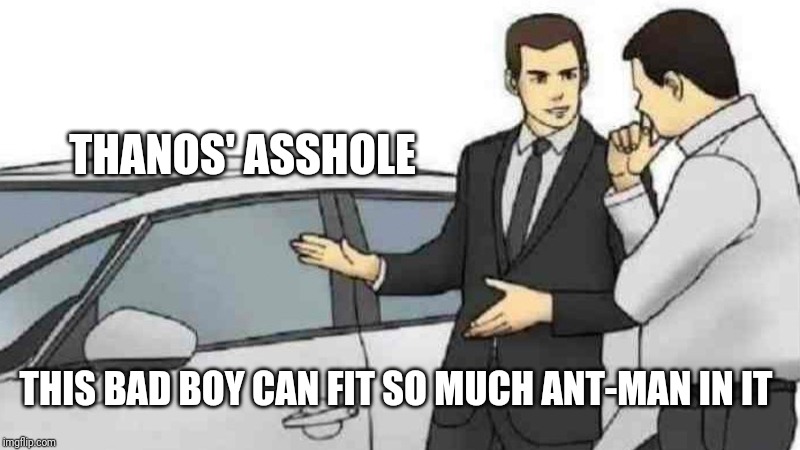 Car Salesman Slaps Roof Of Car Meme | THANOS' ASSHOLE; THIS BAD BOY CAN FIT SO MUCH ANT-MAN IN IT | image tagged in memes,car salesman slaps roof of car | made w/ Imgflip meme maker