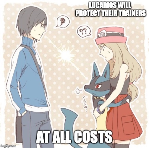 Lucario Protecting Serena | LUCARIOS WILL PROTECT THEIR TRAINERS; AT ALL COSTS | image tagged in pokemon x and y,lucario,pokemon,memes | made w/ Imgflip meme maker