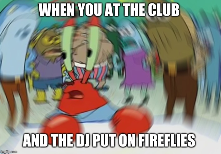Mr Krabs Blur Meme | WHEN YOU AT THE CLUB; AND THE DJ PUT ON FIREFLIES | image tagged in memes,mr krabs blur meme | made w/ Imgflip meme maker