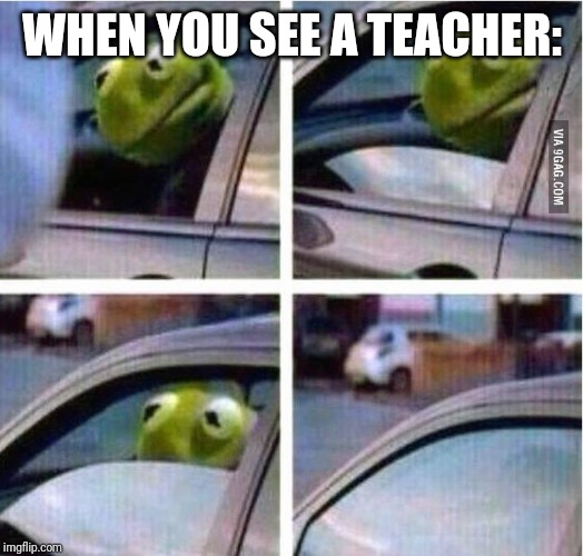 kermit driving | WHEN YOU SEE A TEACHER: | image tagged in kermit driving | made w/ Imgflip meme maker