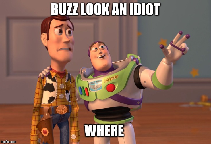 X, X Everywhere | BUZZ LOOK AN IDIOT; WHERE | image tagged in memes,x x everywhere | made w/ Imgflip meme maker