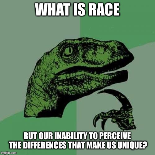 Philosoraptor Meme | WHAT IS RACE; BUT OUR INABILITY TO PERCEIVE THE DIFFERENCES THAT MAKE US UNIQUE? | image tagged in memes,philosoraptor | made w/ Imgflip meme maker