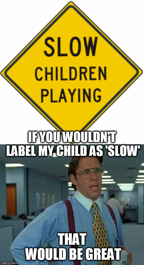 IF YOU WOULDN'T LABEL MY CHILD AS 'SLOW'; THAT WOULD BE GREAT | image tagged in memes,that would be great | made w/ Imgflip meme maker
