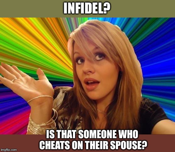 Dumb Blonde Meme | INFIDEL? IS THAT SOMEONE WHO CHEATS ON THEIR SPOUSE? | image tagged in memes,dumb blonde | made w/ Imgflip meme maker