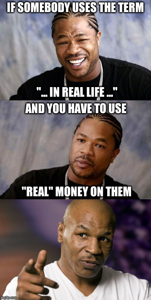IF SOMEBODY USES THE TERM; "... IN REAL LIFE ..."; AND YOU HAVE TO USE; "REAL" MONEY ON THEM | image tagged in mike tyson,yo dawg reaction | made w/ Imgflip meme maker