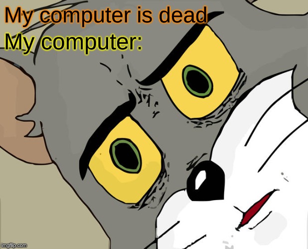 Unsettled Tom | My computer is dead; My computer: | image tagged in memes,unsettled tom | made w/ Imgflip meme maker