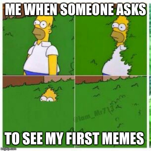 Homer hides | ME WHEN SOMEONE ASKS TO SEE MY FIRST MEMES | image tagged in homer hides | made w/ Imgflip meme maker