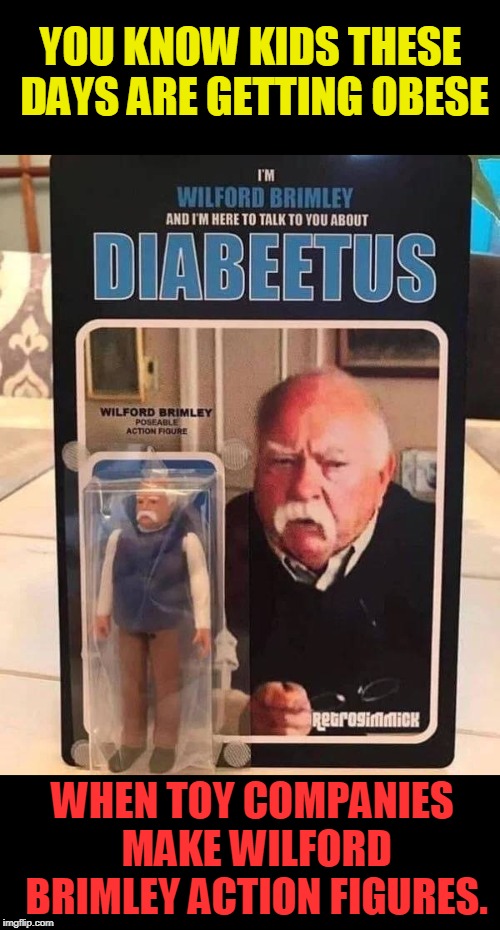 YOU KNOW KIDS THESE DAYS ARE GETTING OBESE; WHEN TOY COMPANIES MAKE WILFORD BRIMLEY ACTION FIGURES. | image tagged in diabeetus,wilford brimley,action figure,obesity | made w/ Imgflip meme maker