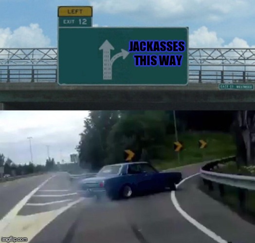 Left Exit 12 Off Ramp Meme | JACKASSES THIS WAY | image tagged in memes,left exit 12 off ramp | made w/ Imgflip meme maker