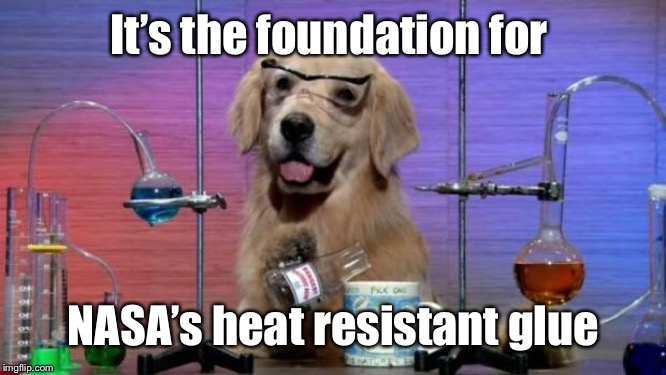 Chemistry Dog | It’s the foundation for NASA’s heat resistant glue | image tagged in chemistry dog | made w/ Imgflip meme maker