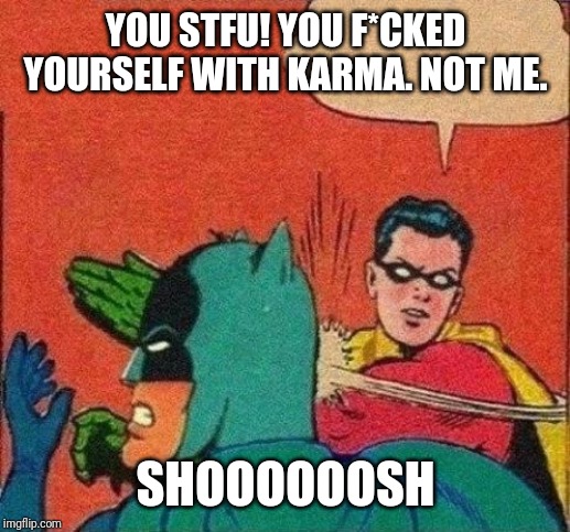 Robin Slaps Batman | YOU STFU! YOU F*CKED YOURSELF WITH KARMA. NOT ME. SHOOOOOOSH | image tagged in robin slaps batman | made w/ Imgflip meme maker