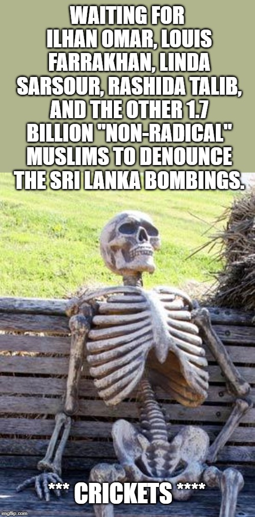 Waiting Skeleton | WAITING FOR ILHAN OMAR, LOUIS FARRAKHAN, LINDA SARSOUR, RASHIDA TALIB, AND THE OTHER 1.7 BILLION "NON-RADICAL" MUSLIMS TO DENOUNCE THE SRI LANKA BOMBINGS. *** CRICKETS **** | image tagged in memes,waiting skeleton | made w/ Imgflip meme maker