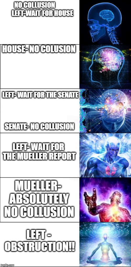 Expanding brain | NO COLLUSION             LEFT-WAIT FOR HOUSE; HOUSE- NO COLUSION; LEFT- WAIT FOR THE SENATE; SENATE- NO COLLUSION; LEFT- WAIT FOR THE MUELLER REPORT; MUELLER- ABSOLUTELY NO COLLUSION; LEFT - OBSTRUCTION!! | image tagged in expanding brain | made w/ Imgflip meme maker